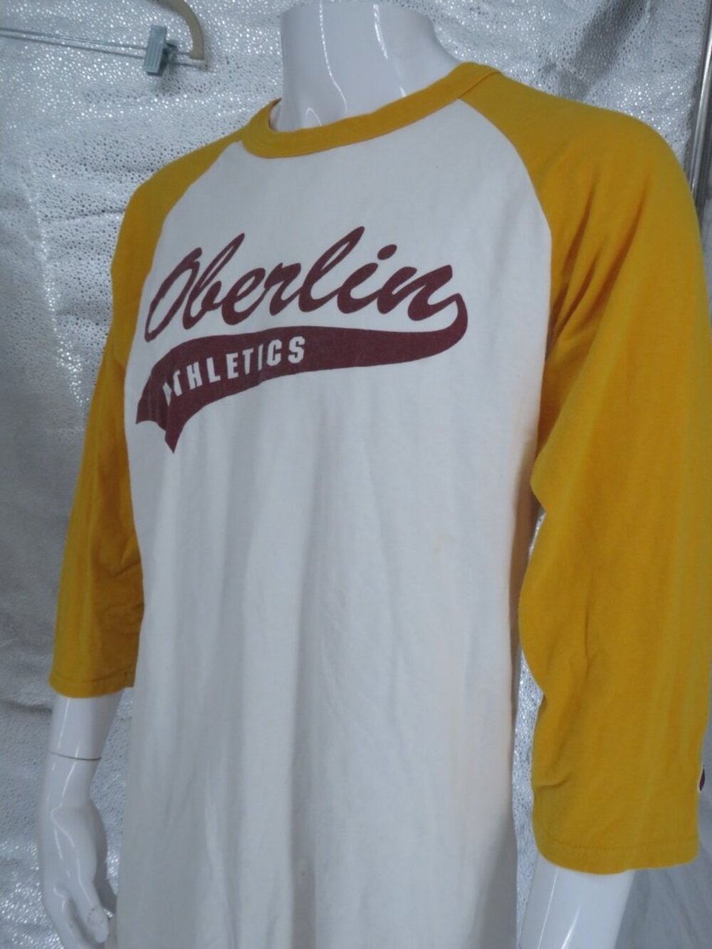 Champion Oberlin Athletics Raglan Shirt Yellow White Large Vintage 3/4 Sleeve - Picture 2 of 5
